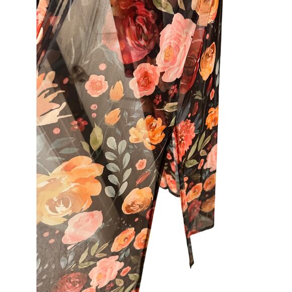 Sheer Floral Long Sleeve Open Front Longline Beach Summer Chic Coverup, size XL - Picture 5 of 6